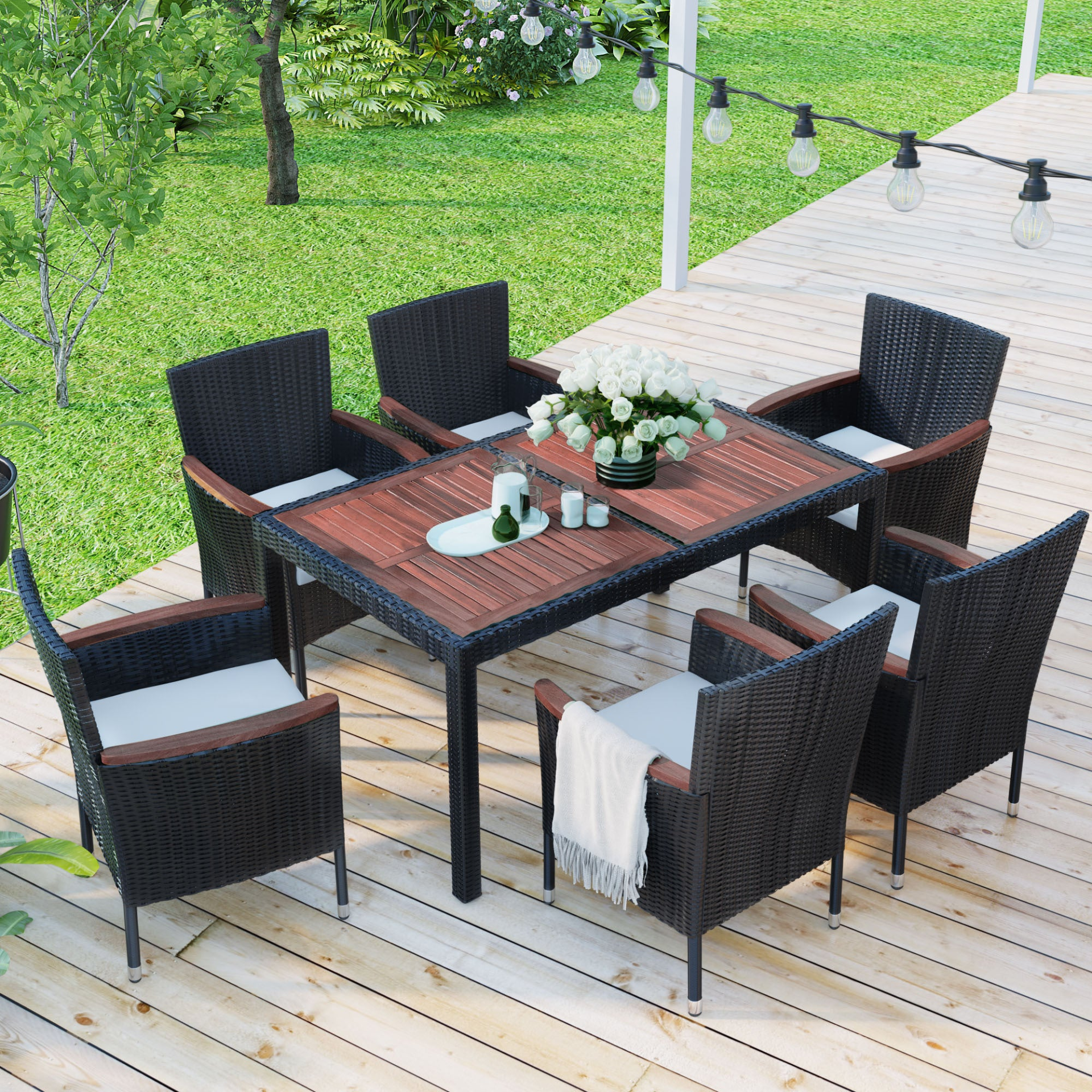 Patio Furntiure Sets | 7-Piece Outdoor Patio Dining Set, Garden PE Rattan Wicker Dining Table and Chairs Set, Acacia Wood Tabletop, Stackable Armrest Chairs with Cushions, Reddish-brown | casafoyer.myshopify.com