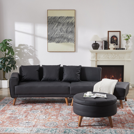 [product_type] | 107" Contemporary Sofa Stylish Sofa Couch with Round Storage Ottoman and Three Removable Pillows, Black | casafoyer.myshopify.com