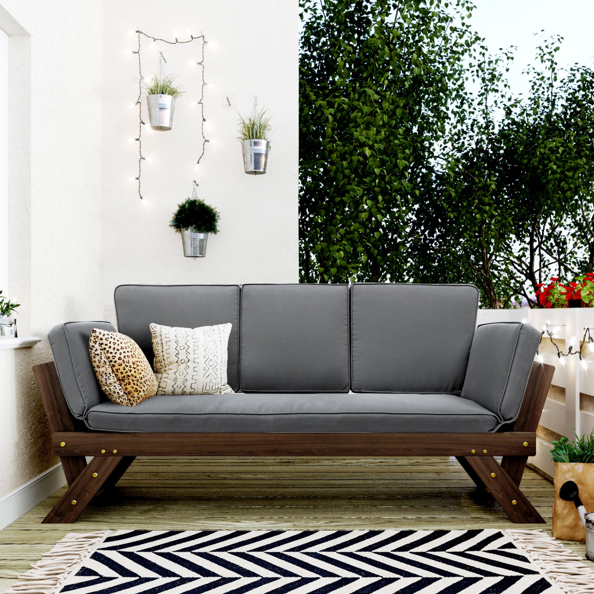 Patio Furntiure Sets | Outdoor Adjustable Patio Wooden Daybed Sofa Chaise Lounge with Cushions for Small Places, Brown Finish+Gray Cushion | casafoyer.myshopify.com