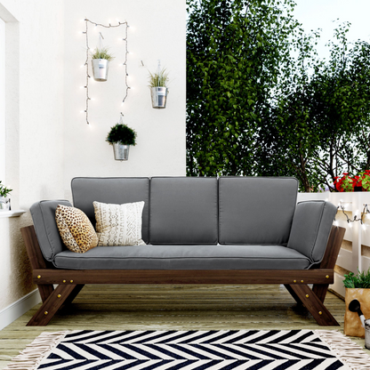 Patio Furntiure Sets | Outdoor Adjustable Patio Wooden Daybed Sofa Chaise Lounge with Cushions for Small Places, Brown Finish+Gray Cushion | casafoyer.myshopify.com