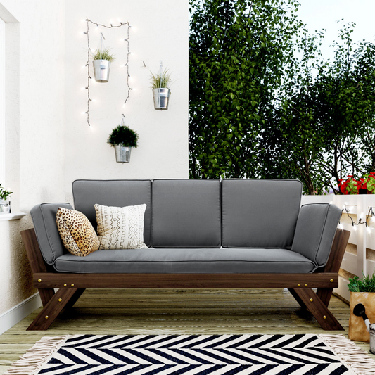 Patio Furntiure Sets | Outdoor Adjustable Patio Wooden Daybed Sofa Chaise Lounge with Cushions for Small Places, Brown Finish+Gray Cushion | casafoyer.myshopify.com