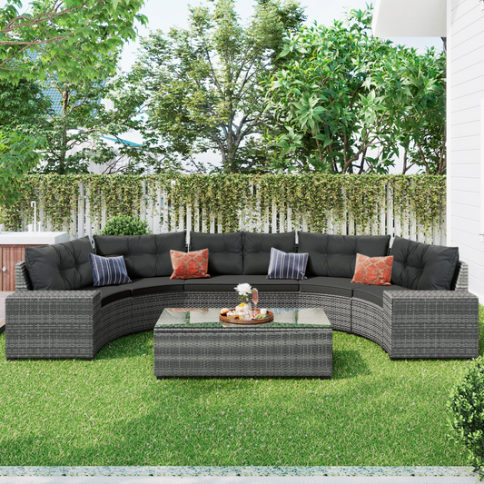 8-Piece Outdoor Wicker Round Sofa Set - All-Weather, Curved Sectional, Gray