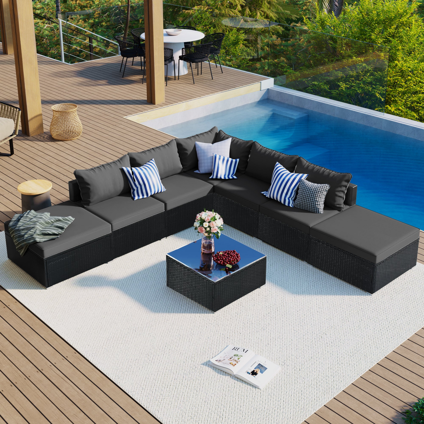 Patio Furntiure Sets | 8-Pieces Outdoor Patio Furniture Sets, Garden Conversation Wicker Sofa Set, Single Sofa Combinable, Gray Cushions Black Wicker | casafoyer.myshopify.com