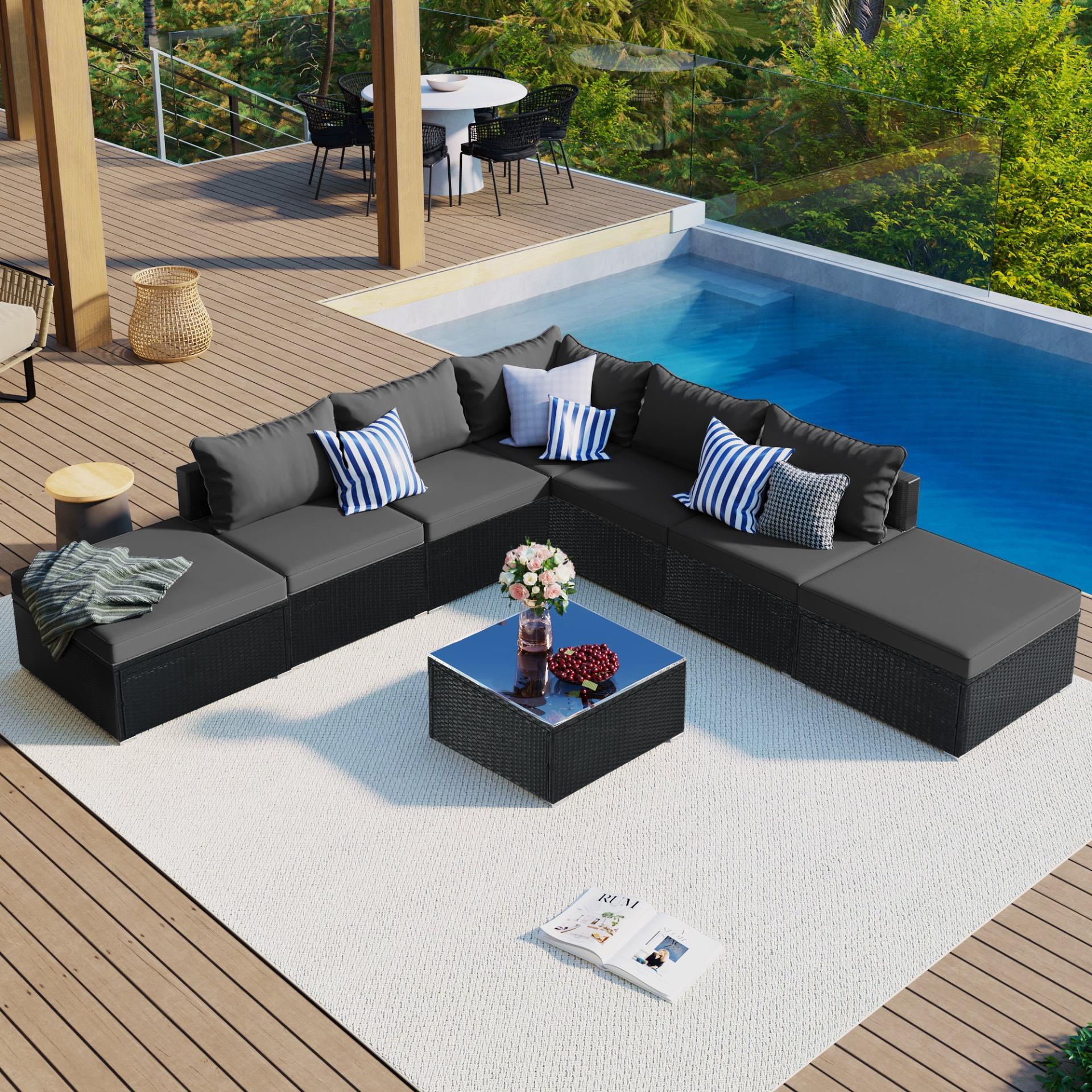 Patio Furntiure Sets | 8-Pieces Outdoor Patio Furniture Sets, Garden Conversation Wicker Sofa Set, Single Sofa Combinable, Gray Cushions Black Wicker | casafoyer.myshopify.com