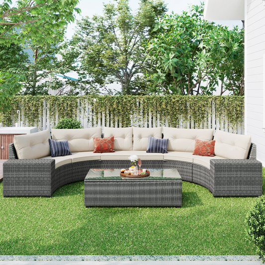 Sofa & Chair sets | 8-pieces Outdoor Wicker Round Sofa Set, Half-Moon Sectional Sets All Weather, Curved Sofa Set With Rectangular Coffee Table, PE Rattan Water-resistant and UV Protected, Movable Cushion, Beige | casafoyer.myshopify.com