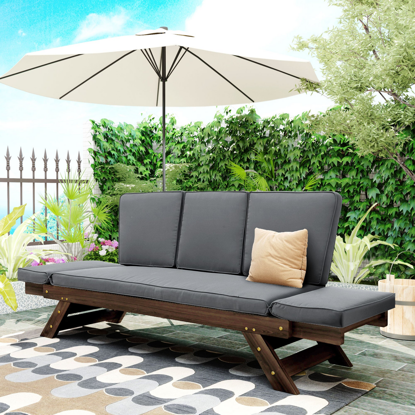 Patio Furntiure Sets | Outdoor Adjustable Patio Wooden Daybed Sofa Chaise Lounge with Cushions for Small Places, Brown Finish+Gray Cushion | casafoyer.myshopify.com