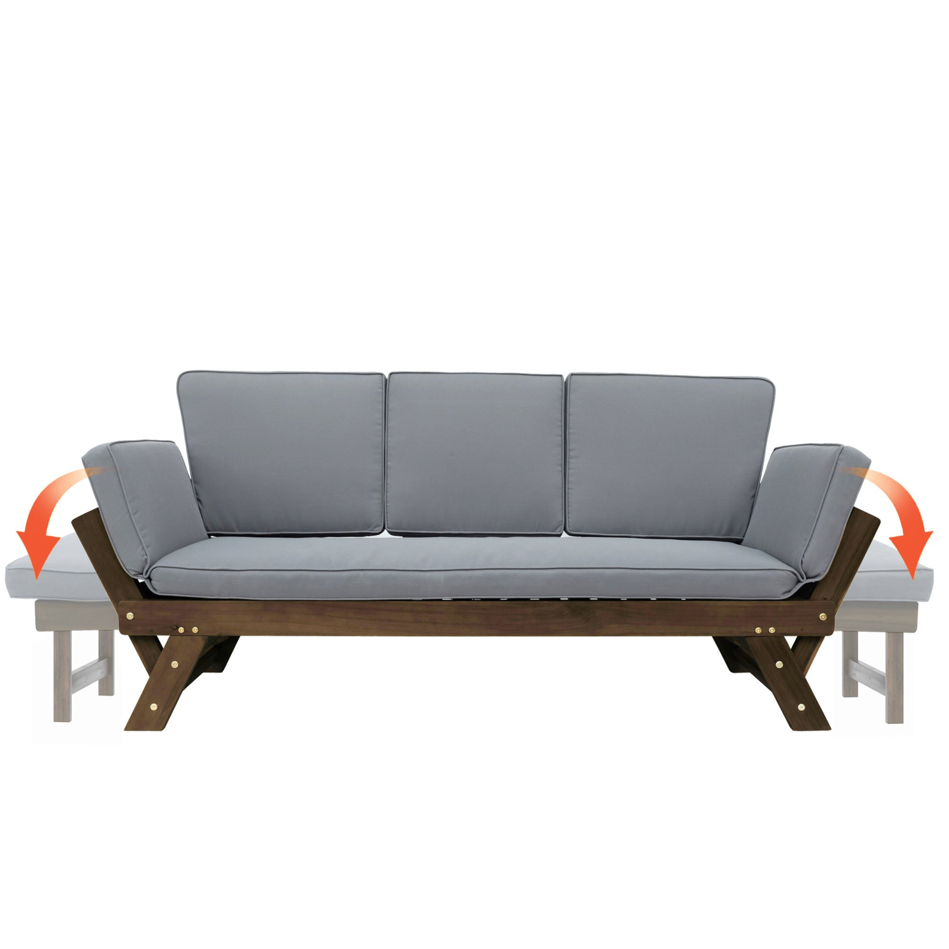 Patio Furntiure Sets | Outdoor Adjustable Patio Wooden Daybed Sofa Chaise Lounge with Cushions for Small Places, Brown Finish+Gray Cushion | casafoyer.myshopify.com