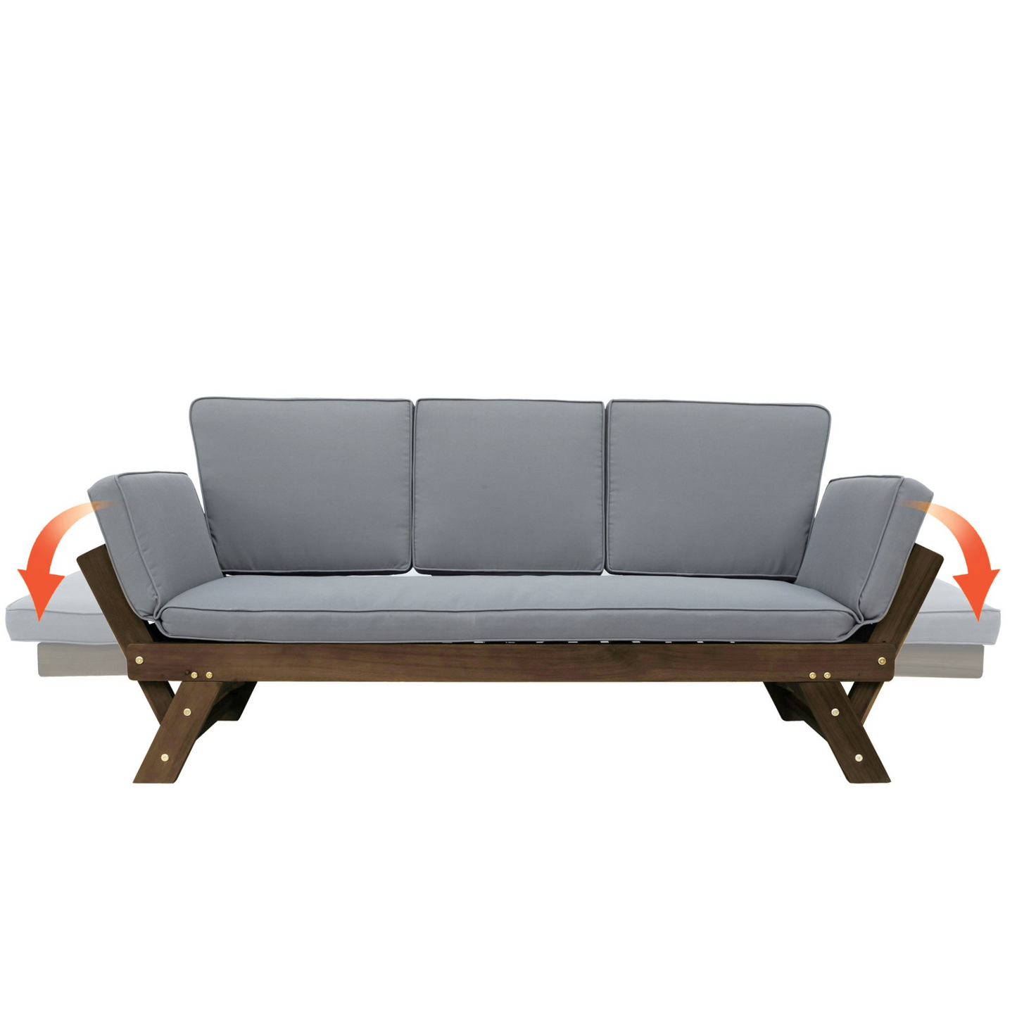 Patio Furntiure Sets | Outdoor Adjustable Patio Wooden Daybed Sofa Chaise Lounge with Cushions for Small Places, Brown Finish+Gray Cushion | casafoyer.myshopify.com