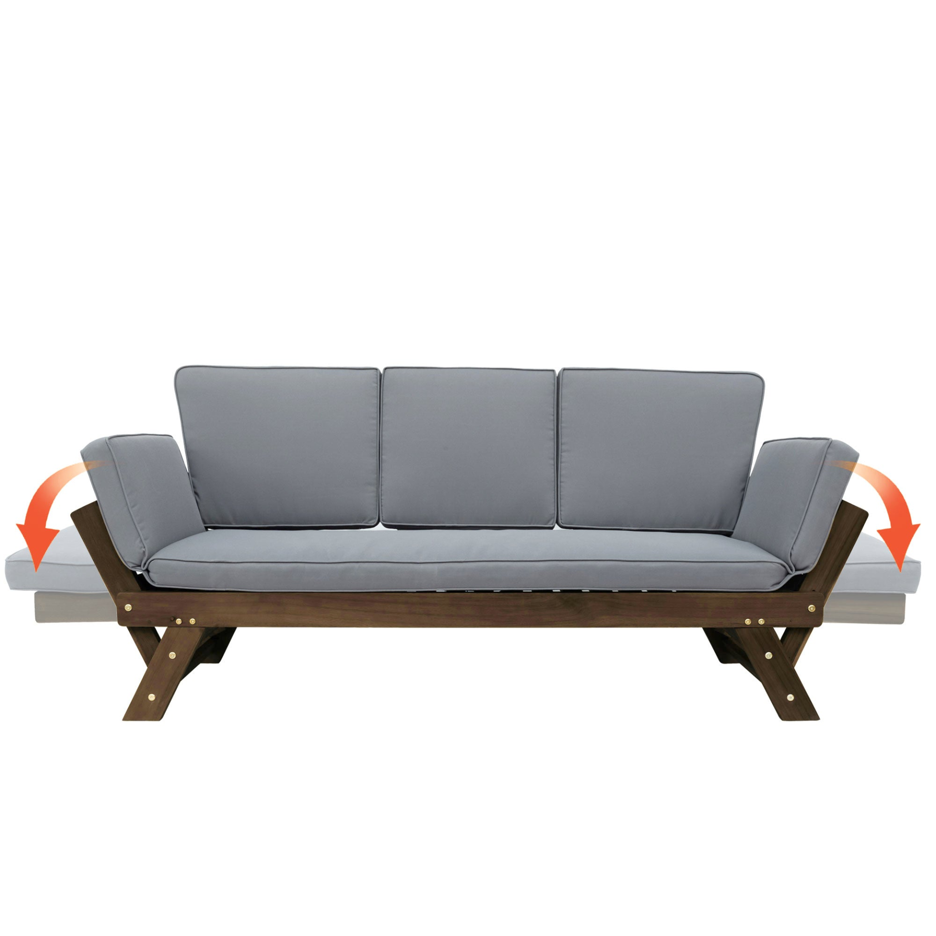 Patio Furntiure Sets | Outdoor Adjustable Patio Wooden Daybed Sofa Chaise Lounge with Cushions for Small Places, Brown Finish+Gray Cushion | casafoyer.myshopify.com