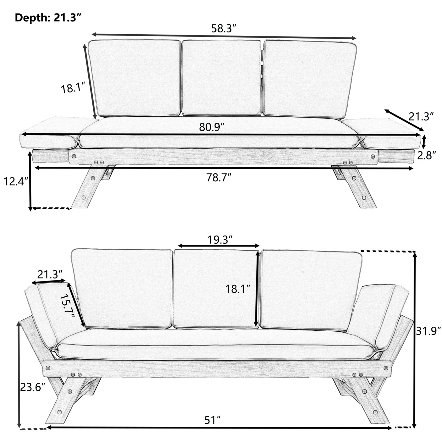 Patio Furntiure Sets | Outdoor Adjustable Patio Wooden Daybed Sofa Chaise Lounge with Cushions for Small Places, Brown Finish+Gray Cushion | casafoyer.myshopify.com