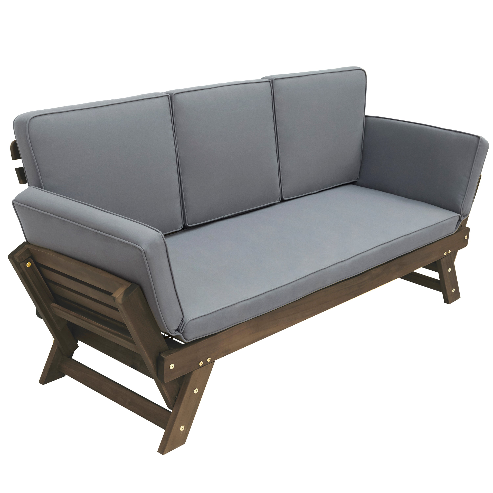 Patio Furntiure Sets | Outdoor Adjustable Patio Wooden Daybed Sofa Chaise Lounge with Cushions for Small Places, Brown Finish+Gray Cushion | casafoyer.myshopify.com