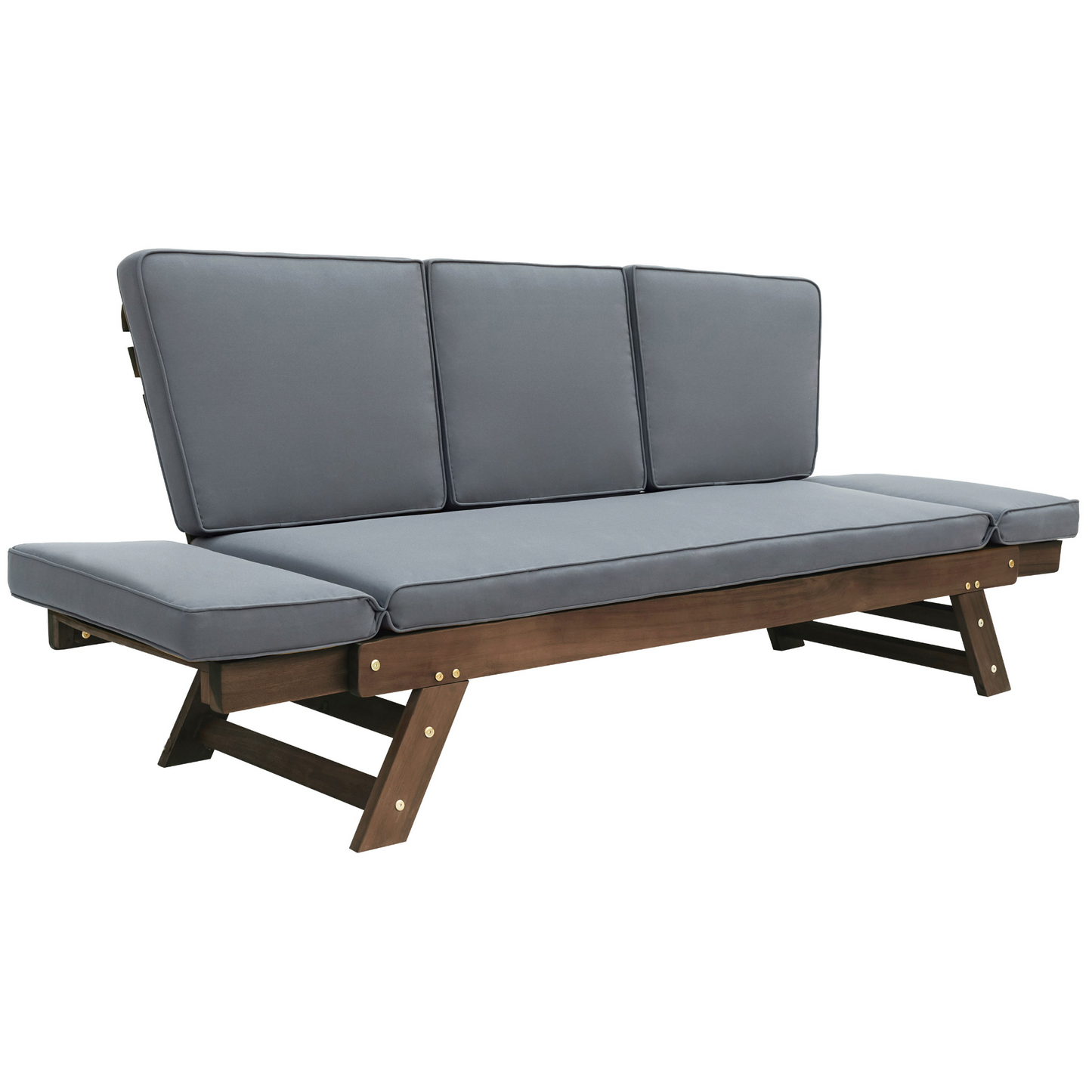 Patio Furntiure Sets | Outdoor Adjustable Patio Wooden Daybed Sofa Chaise Lounge with Cushions for Small Places, Brown Finish+Gray Cushion | casafoyer.myshopify.com