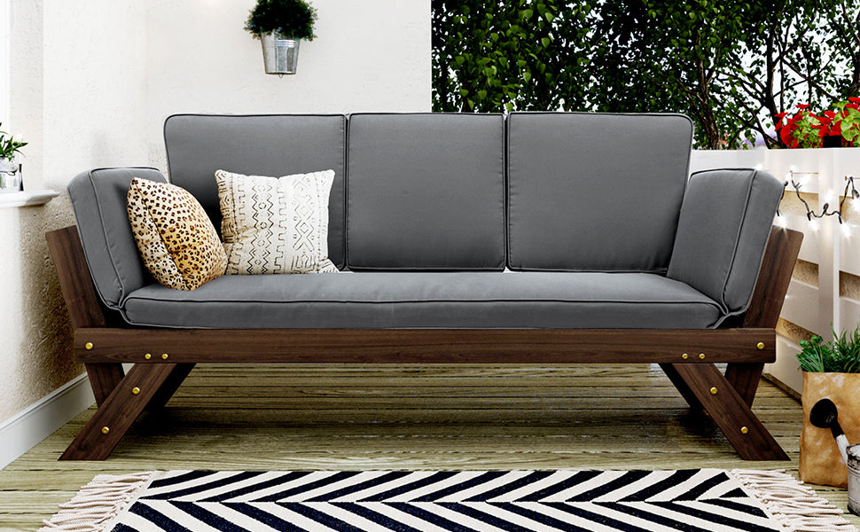 Patio Furntiure Sets | Outdoor Adjustable Patio Wooden Daybed Sofa Chaise Lounge with Cushions for Small Places, Brown Finish+Gray Cushion | casafoyer.myshopify.com