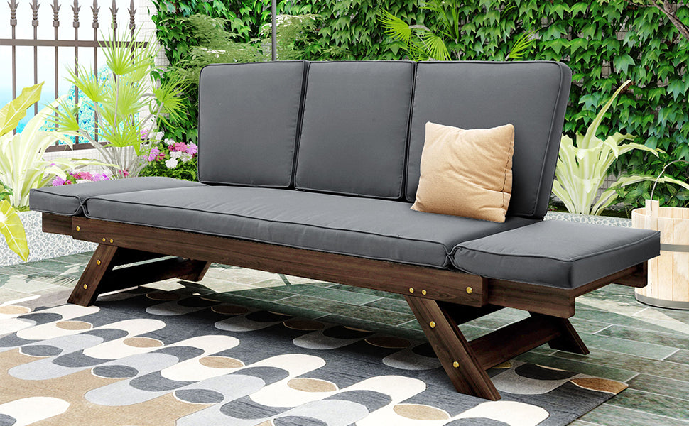 Patio Furntiure Sets | Outdoor Adjustable Patio Wooden Daybed Sofa Chaise Lounge with Cushions for Small Places, Brown Finish+Gray Cushion | casafoyer.myshopify.com