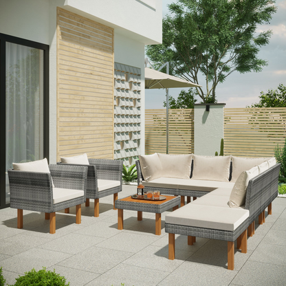 Patio Furntiure Sets | 9-Piece Outdoor Patio Garden Wicker Sofa Set, Gray PE Rattan Sofa Set, with Wood Legs, Acacia Wood Tabletop, Armrest Chairs with Beige Cushions | casafoyer.myshopify.com