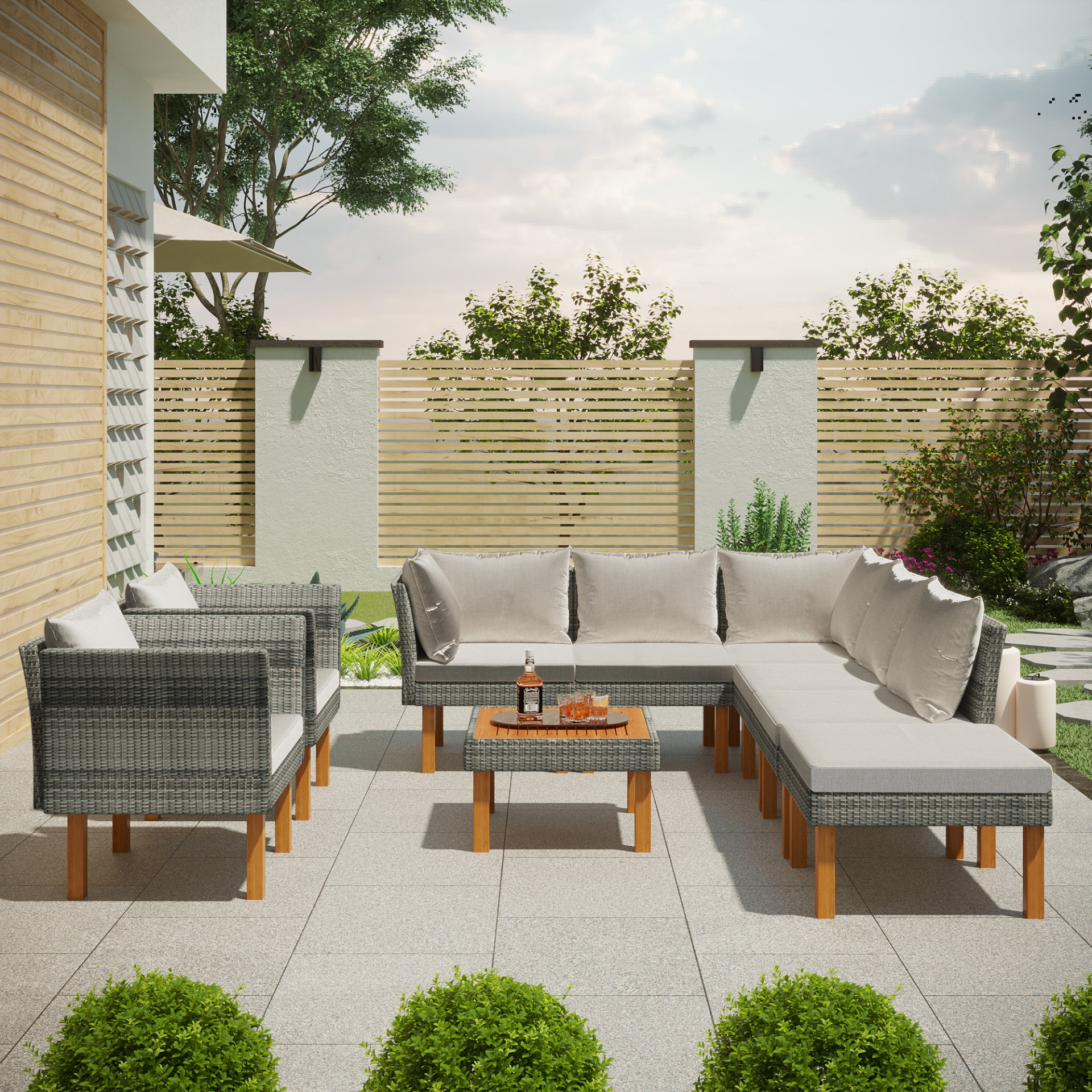 Patio Furntiure Sets | 9-Piece Outdoor Patio Garden Wicker Sofa Set, Gray PE Rattan Sofa Set, with Wood Legs, Acacia Wood Tabletop, Armrest Chairs with Beige Cushions | casafoyer.myshopify.com