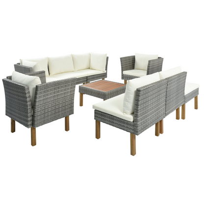 Patio Furntiure Sets | 9-Piece Outdoor Patio Garden Wicker Sofa Set, Gray PE Rattan Sofa Set, with Wood Legs, Acacia Wood Tabletop, Armrest Chairs with Beige Cushions | casafoyer.myshopify.com