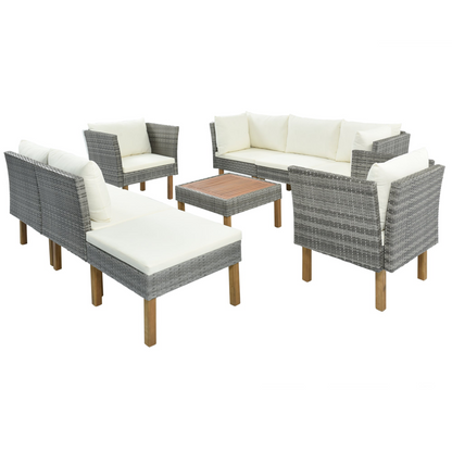 Patio Furntiure Sets | 9-Piece Outdoor Patio Garden Wicker Sofa Set, Gray PE Rattan Sofa Set, with Wood Legs, Acacia Wood Tabletop, Armrest Chairs with Beige Cushions | casafoyer.myshopify.com