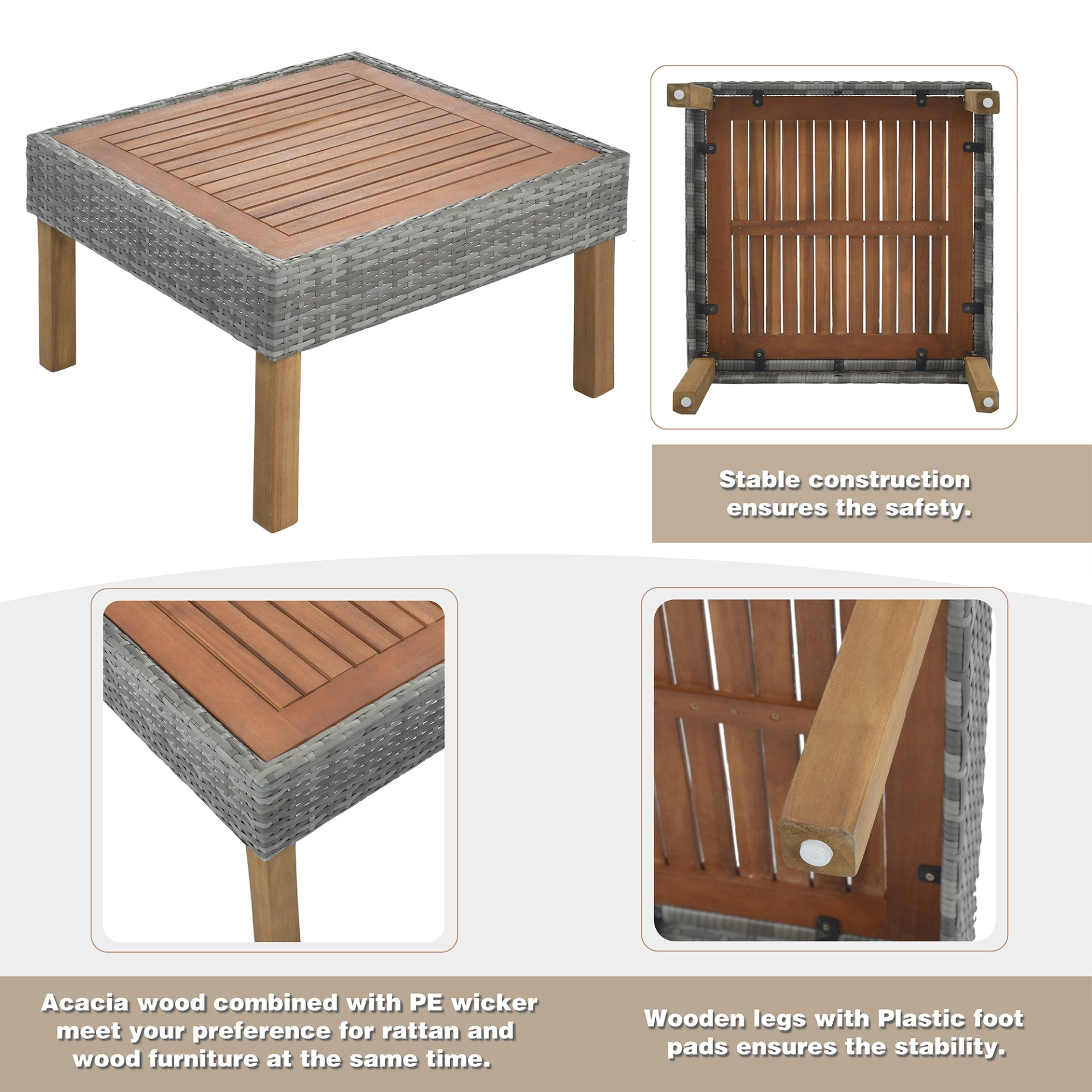 Patio Furntiure Sets | 9-Piece Outdoor Patio Garden Wicker Sofa Set, Gray PE Rattan Sofa Set, with Wood Legs, Acacia Wood Tabletop, Armrest Chairs with Beige Cushions | casafoyer.myshopify.com