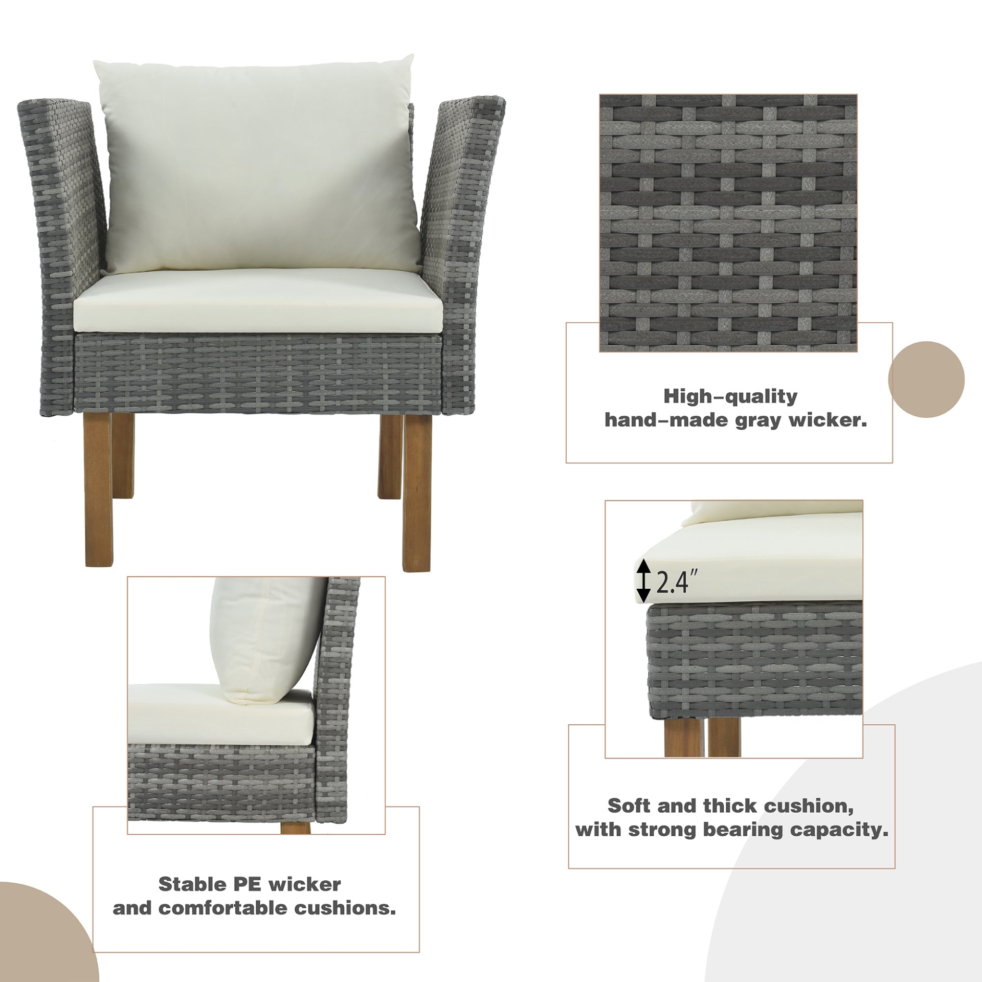 Patio Furntiure Sets | 9-Piece Outdoor Patio Garden Wicker Sofa Set, Gray PE Rattan Sofa Set, with Wood Legs, Acacia Wood Tabletop, Armrest Chairs with Beige Cushions | casafoyer.myshopify.com