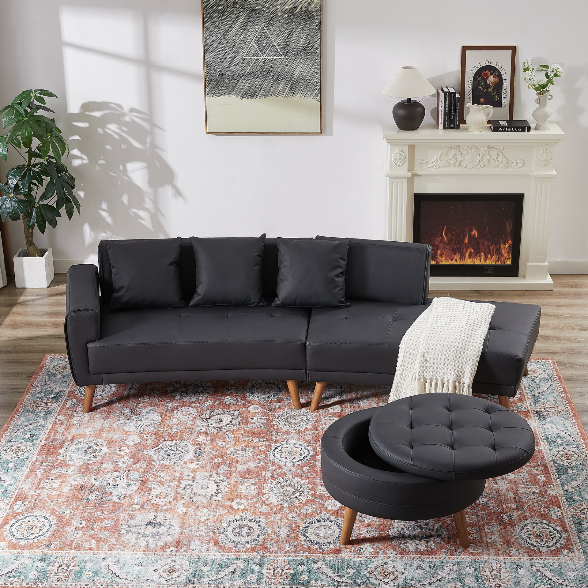 [product_type] | 107" Contemporary Sofa Stylish Sofa Couch with Round Storage Ottoman and Three Removable Pillows, Black | casafoyer.myshopify.com