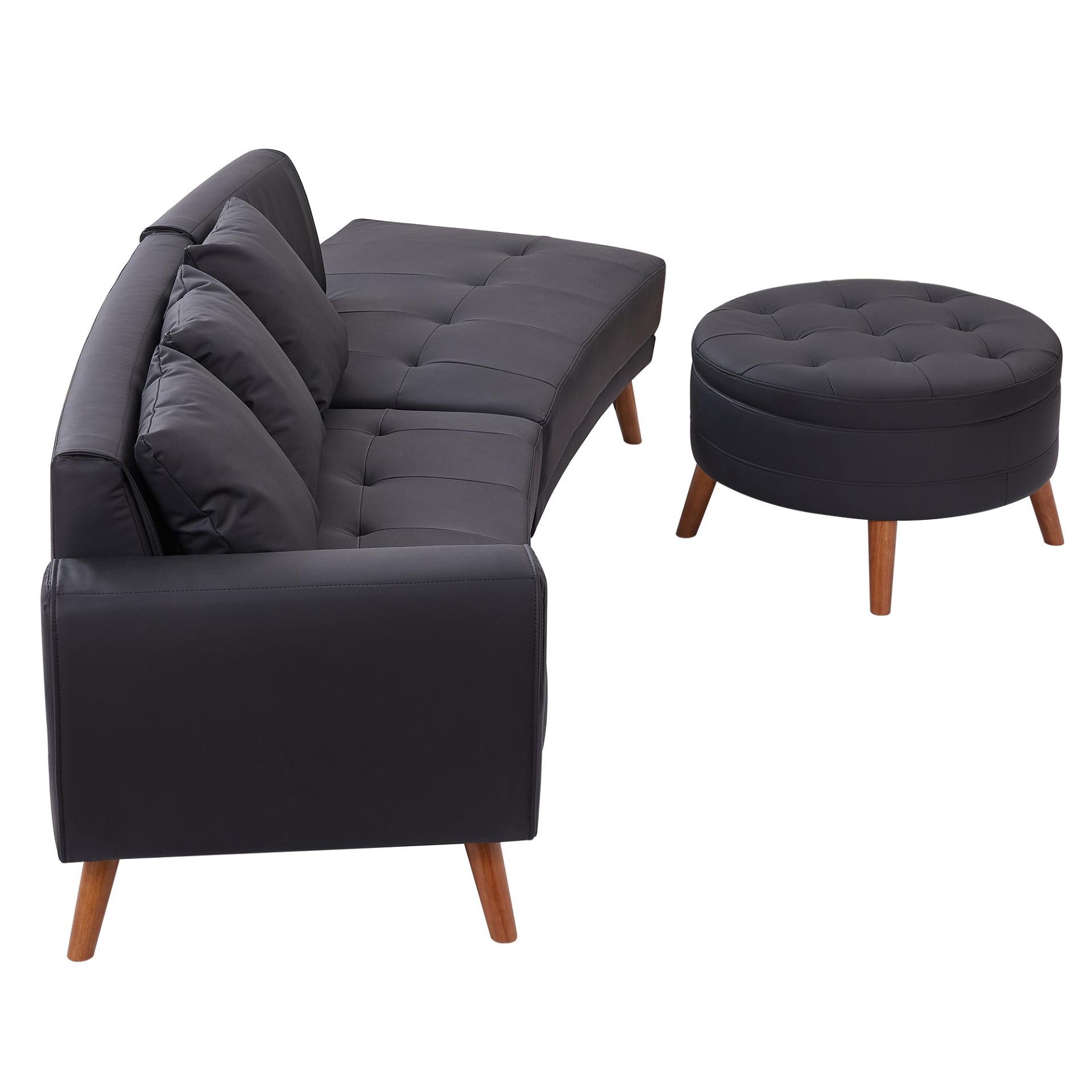 [product_type] | 107" Contemporary Sofa Stylish Sofa Couch with Round Storage Ottoman and Three Removable Pillows, Black | casafoyer.myshopify.com