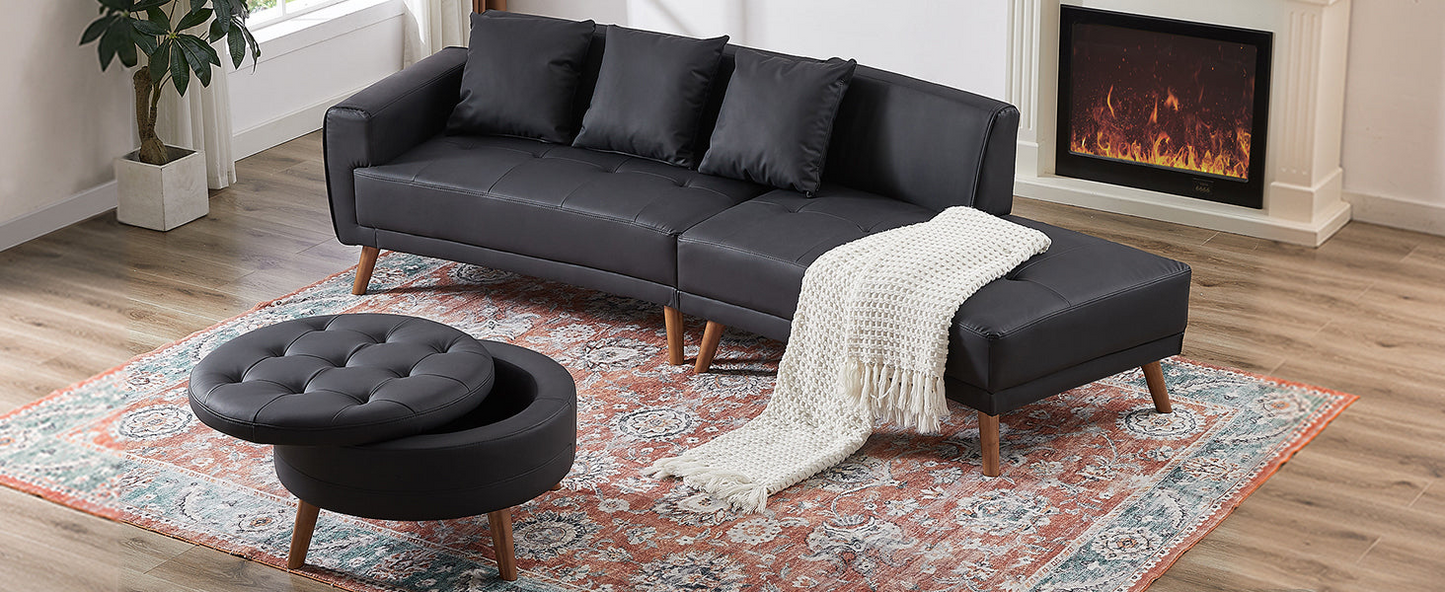 [product_type] | 107" Contemporary Sofa Stylish Sofa Couch with Round Storage Ottoman and Three Removable Pillows, Black | casafoyer.myshopify.com