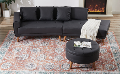 [product_type] | 107" Contemporary Sofa Stylish Sofa Couch with Round Storage Ottoman and Three Removable Pillows, Black | casafoyer.myshopify.com