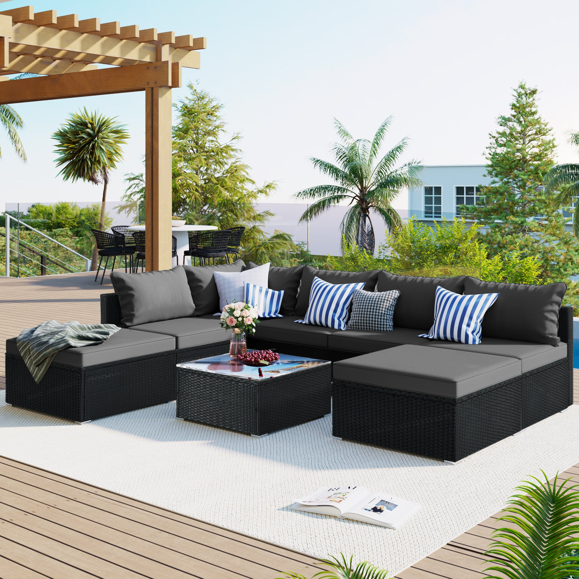 Patio Furntiure Sets | 8-Pieces Outdoor Patio Furniture Sets, Garden Conversation Wicker Sofa Set, Single Sofa Combinable, Gray Cushions Black Wicker | casafoyer.myshopify.com