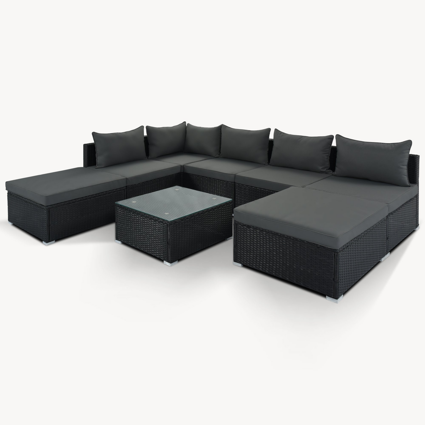 Patio Furntiure Sets | 8-Pieces Outdoor Patio Furniture Sets, Garden Conversation Wicker Sofa Set, Single Sofa Combinable, Gray Cushions Black Wicker | casafoyer.myshopify.com