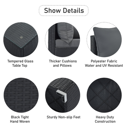 Patio Furntiure Sets | 8-Pieces Outdoor Patio Furniture Sets, Garden Conversation Wicker Sofa Set, Single Sofa Combinable, Gray Cushions Black Wicker | casafoyer.myshopify.com