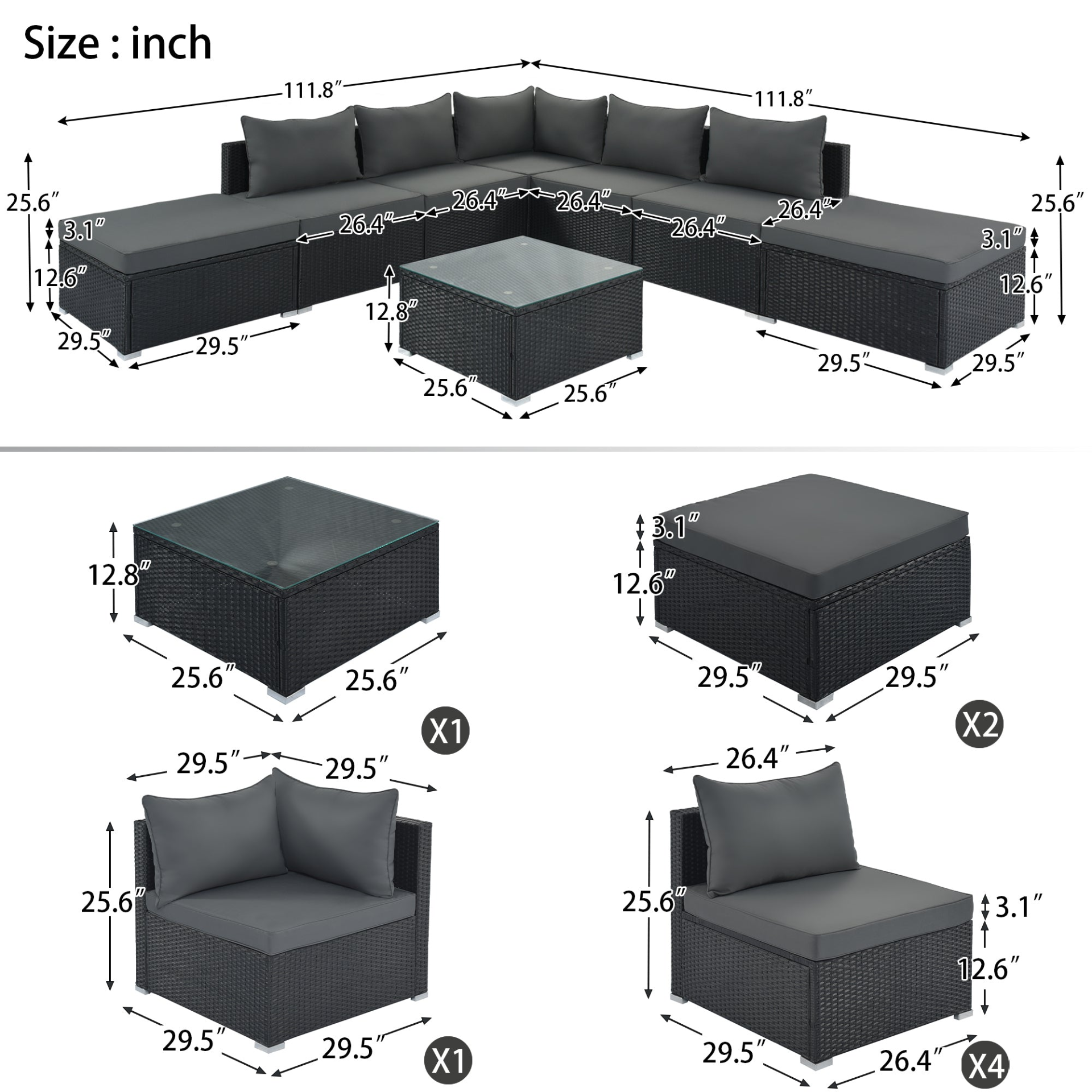 Patio Furntiure Sets | 8-Pieces Outdoor Patio Furniture Sets, Garden Conversation Wicker Sofa Set, Single Sofa Combinable, Gray Cushions Black Wicker | casafoyer.myshopify.com