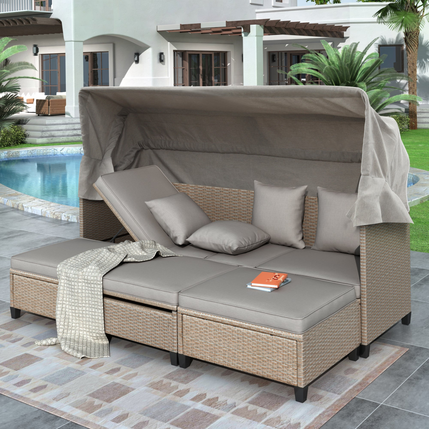 Sofa & Chair sets | 4 Piece UV-Proof Resin Wicker Patio Sofa Set with Retractable Canopy, Cushions and Lifting Table, Brown | casafoyer.myshopify.com