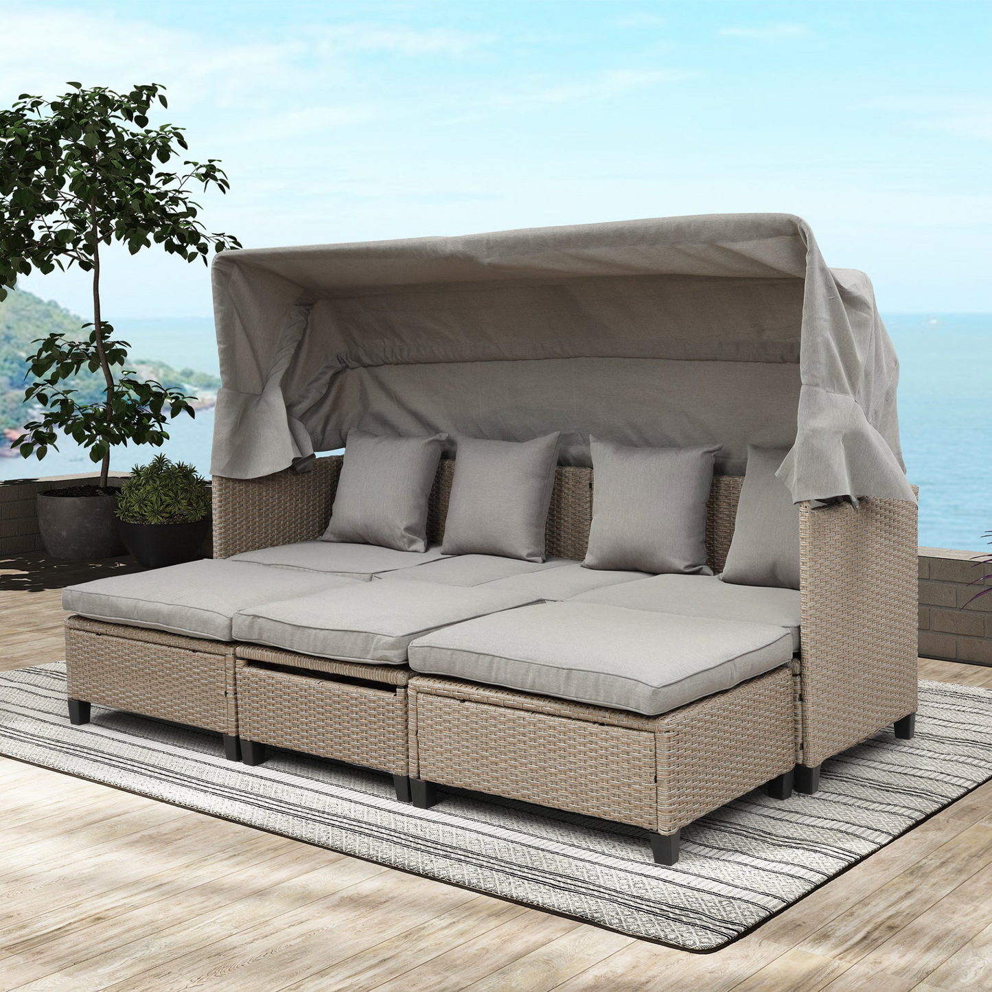 Sofa & Chair sets | 4 Piece UV-Proof Resin Wicker Patio Sofa Set with Retractable Canopy, Cushions and Lifting Table, Brown | casafoyer.myshopify.com