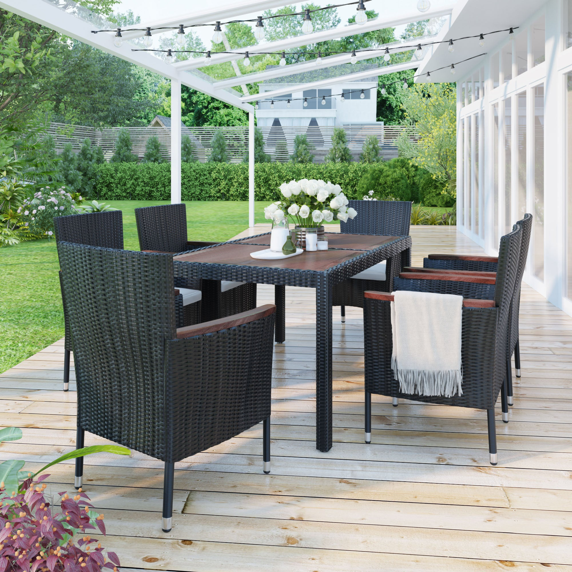 Patio Furntiure Sets | 7-Piece Outdoor Patio Dining Set, Garden PE Rattan Wicker Dining Table and Chairs Set, Acacia Wood Tabletop, Stackable Armrest Chairs with Cushions, Reddish-brown | casafoyer.myshopify.com