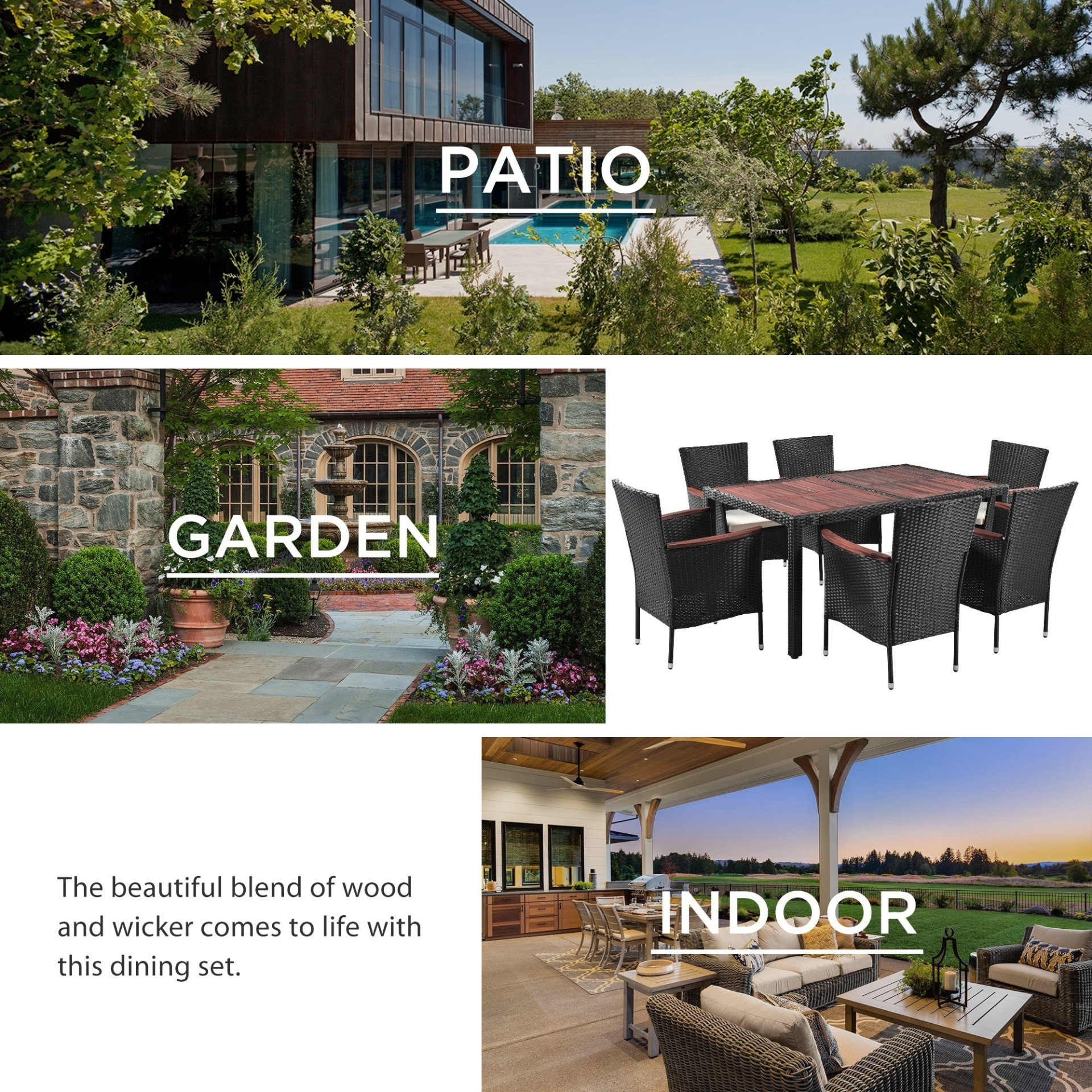 Patio Furntiure Sets | 7-Piece Outdoor Patio Dining Set, Garden PE Rattan Wicker Dining Table and Chairs Set, Acacia Wood Tabletop, Stackable Armrest Chairs with Cushions, Reddish-brown | casafoyer.myshopify.com