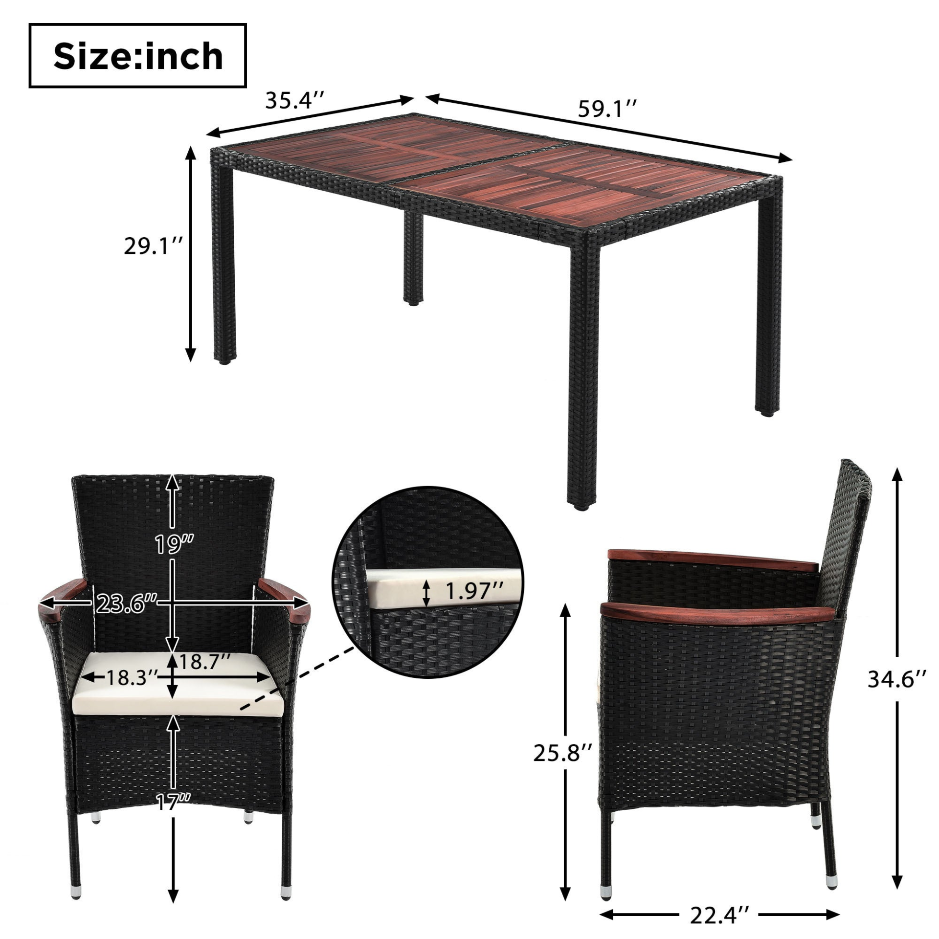 Patio Furntiure Sets | 7-Piece Outdoor Patio Dining Set, Garden PE Rattan Wicker Dining Table and Chairs Set, Acacia Wood Tabletop, Stackable Armrest Chairs with Cushions, Reddish-brown | casafoyer.myshopify.com