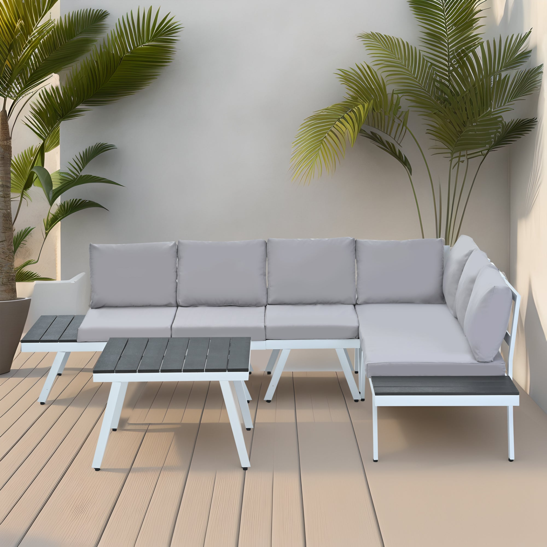 Patio Furntiure Sets | Industrial 5-Piece Aluminum Outdoor Patio Furniture Set, Modern Garden Sectional Sofa Set with End Tables, Coffee Table and Furniture Clips for Backyard, White+Grey | casafoyer.myshopify.com