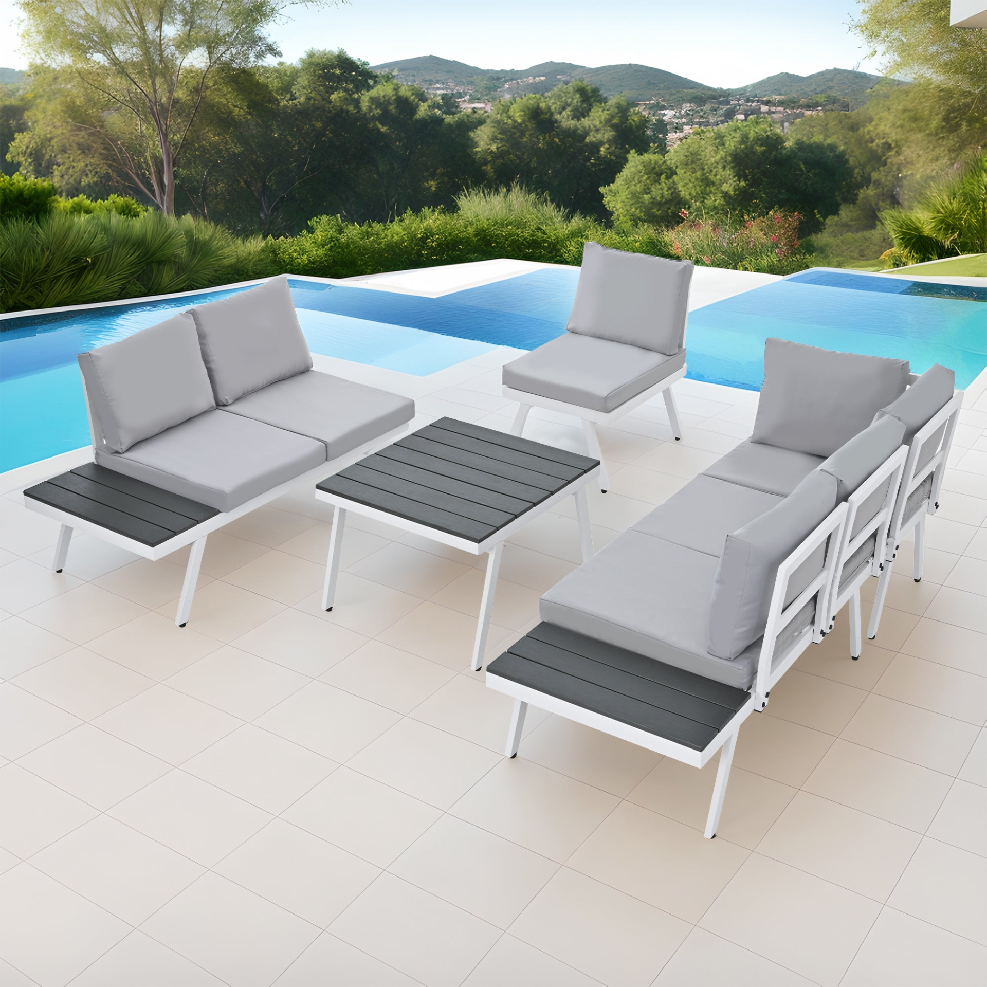 Patio Furntiure Sets | Industrial 5-Piece Aluminum Outdoor Patio Furniture Set, Modern Garden Sectional Sofa Set with End Tables, Coffee Table and Furniture Clips for Backyard, White+Grey | casafoyer.myshopify.com