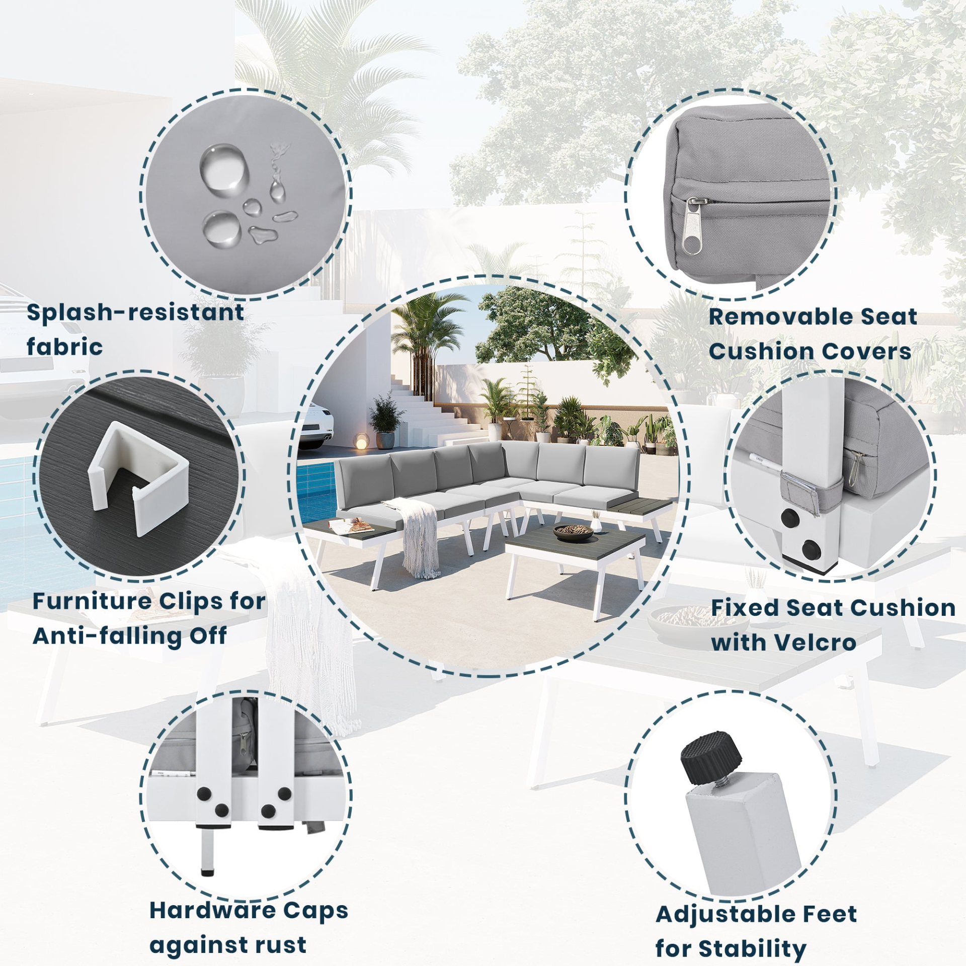 Patio Furntiure Sets | Industrial 5-Piece Aluminum Outdoor Patio Furniture Set, Modern Garden Sectional Sofa Set with End Tables, Coffee Table and Furniture Clips for Backyard, White+Grey | casafoyer.myshopify.com