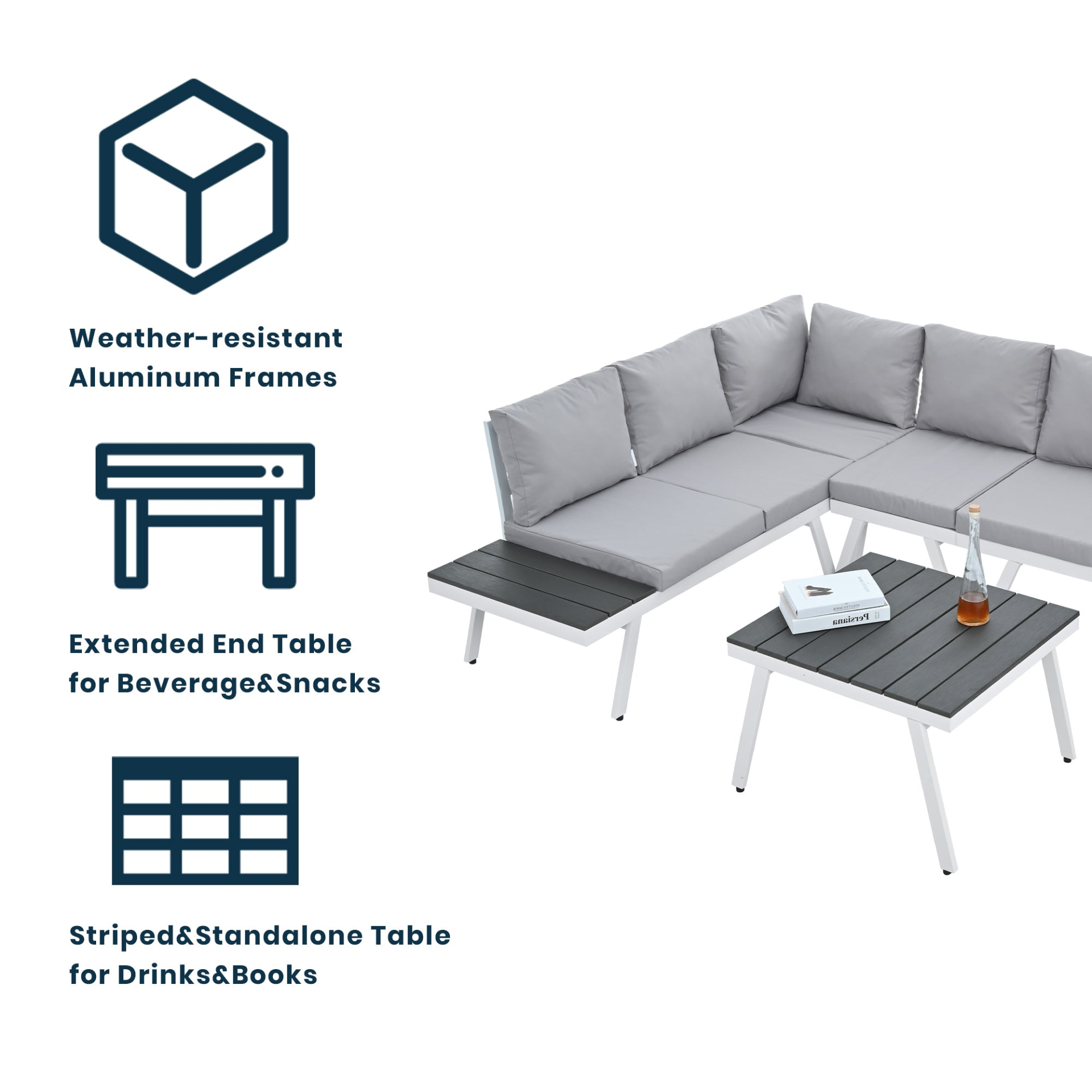 Patio Furntiure Sets | Industrial 5-Piece Aluminum Outdoor Patio Furniture Set, Modern Garden Sectional Sofa Set with End Tables, Coffee Table and Furniture Clips for Backyard, White+Grey | casafoyer.myshopify.com