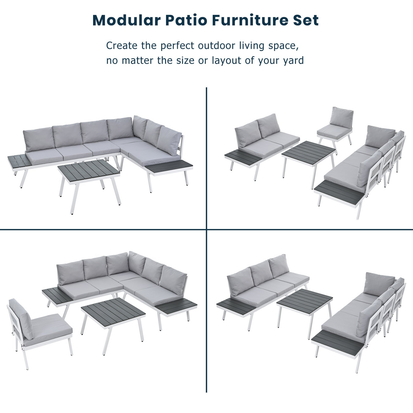 Patio Furntiure Sets | Industrial 5-Piece Aluminum Outdoor Patio Furniture Set, Modern Garden Sectional Sofa Set with End Tables, Coffee Table and Furniture Clips for Backyard, White+Grey | casafoyer.myshopify.com