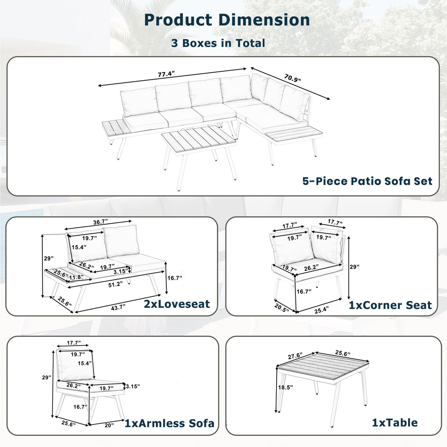 Patio Furntiure Sets | Industrial 5-Piece Aluminum Outdoor Patio Furniture Set, Modern Garden Sectional Sofa Set with End Tables, Coffee Table and Furniture Clips for Backyard, White+Grey | casafoyer.myshopify.com