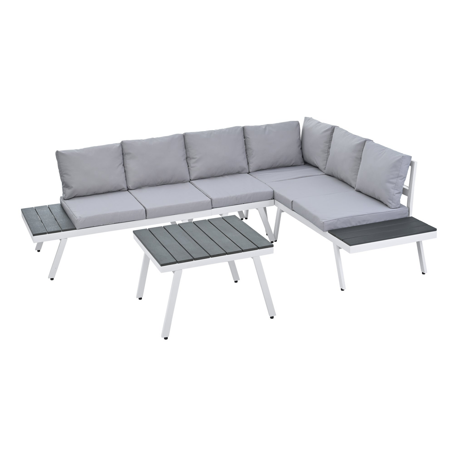 Patio Furntiure Sets | Industrial 5-Piece Aluminum Outdoor Patio Furniture Set, Modern Garden Sectional Sofa Set with End Tables, Coffee Table and Furniture Clips for Backyard, White+Grey | casafoyer.myshopify.com