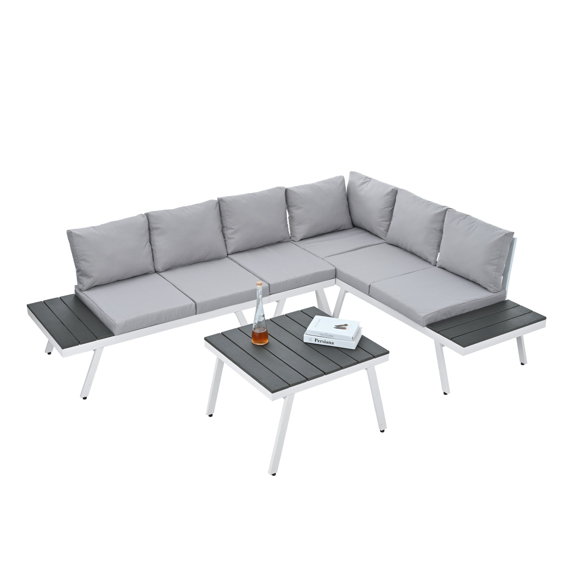 Patio Furntiure Sets | Industrial 5-Piece Aluminum Outdoor Patio Furniture Set, Modern Garden Sectional Sofa Set with End Tables, Coffee Table and Furniture Clips for Backyard, White+Grey | casafoyer.myshopify.com