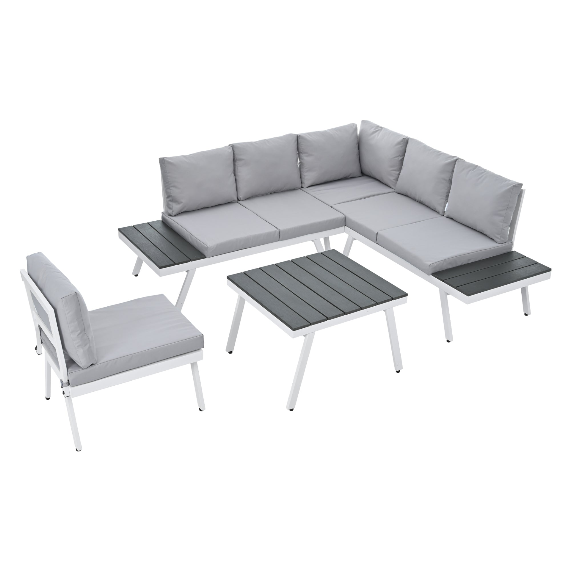 Patio Furntiure Sets | Industrial 5-Piece Aluminum Outdoor Patio Furniture Set, Modern Garden Sectional Sofa Set with End Tables, Coffee Table and Furniture Clips for Backyard, White+Grey | casafoyer.myshopify.com