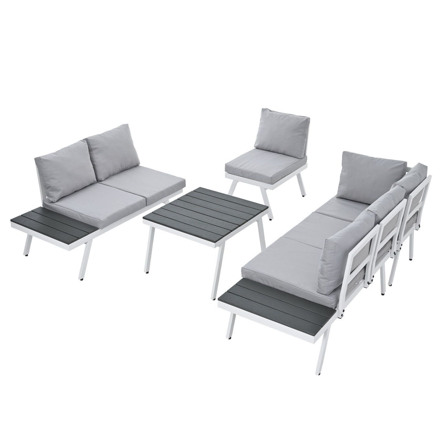 Patio Furntiure Sets | Industrial 5-Piece Aluminum Outdoor Patio Furniture Set, Modern Garden Sectional Sofa Set with End Tables, Coffee Table and Furniture Clips for Backyard, White+Grey | casafoyer.myshopify.com