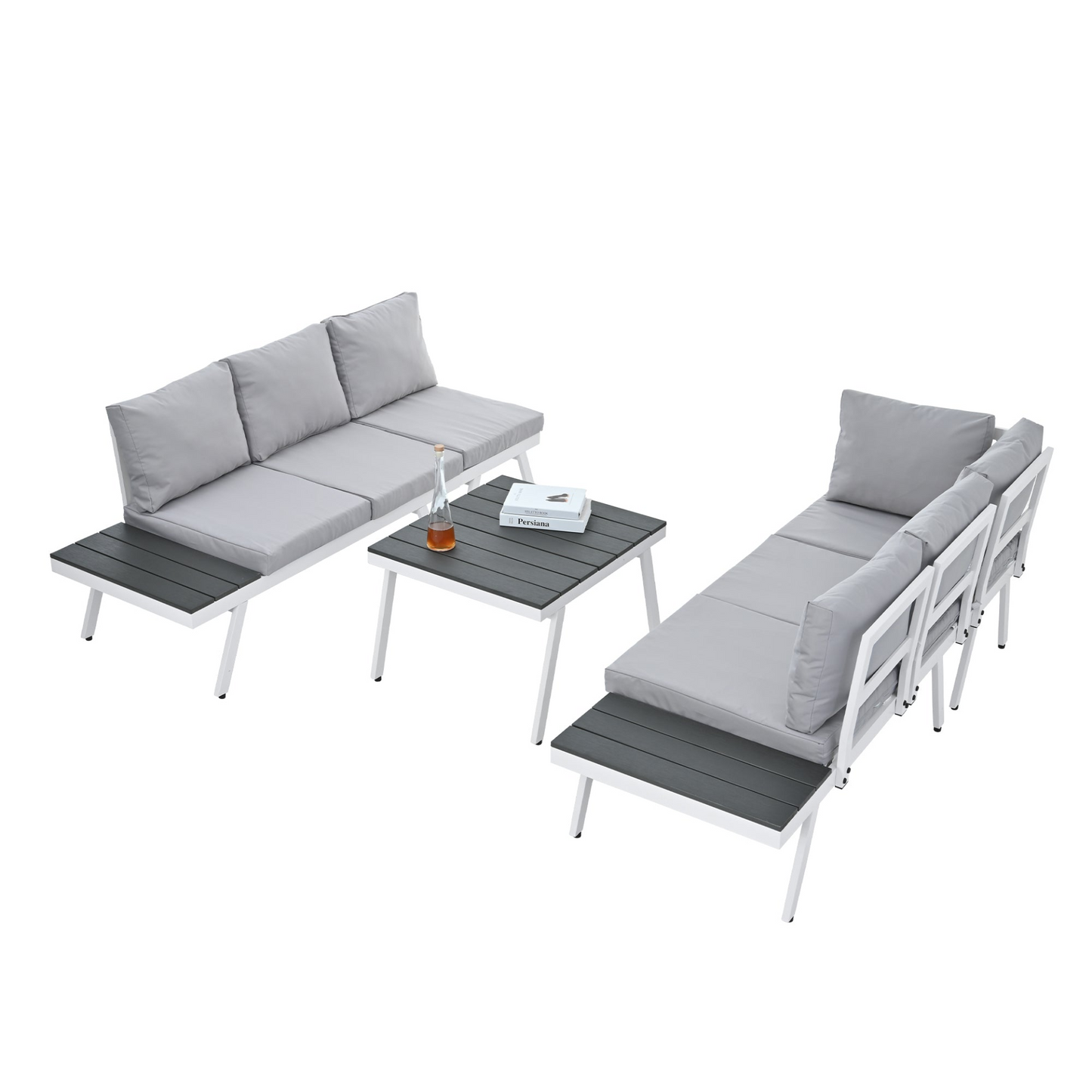 Patio Furntiure Sets | Industrial 5-Piece Aluminum Outdoor Patio Furniture Set, Modern Garden Sectional Sofa Set with End Tables, Coffee Table and Furniture Clips for Backyard, White+Grey | casafoyer.myshopify.com