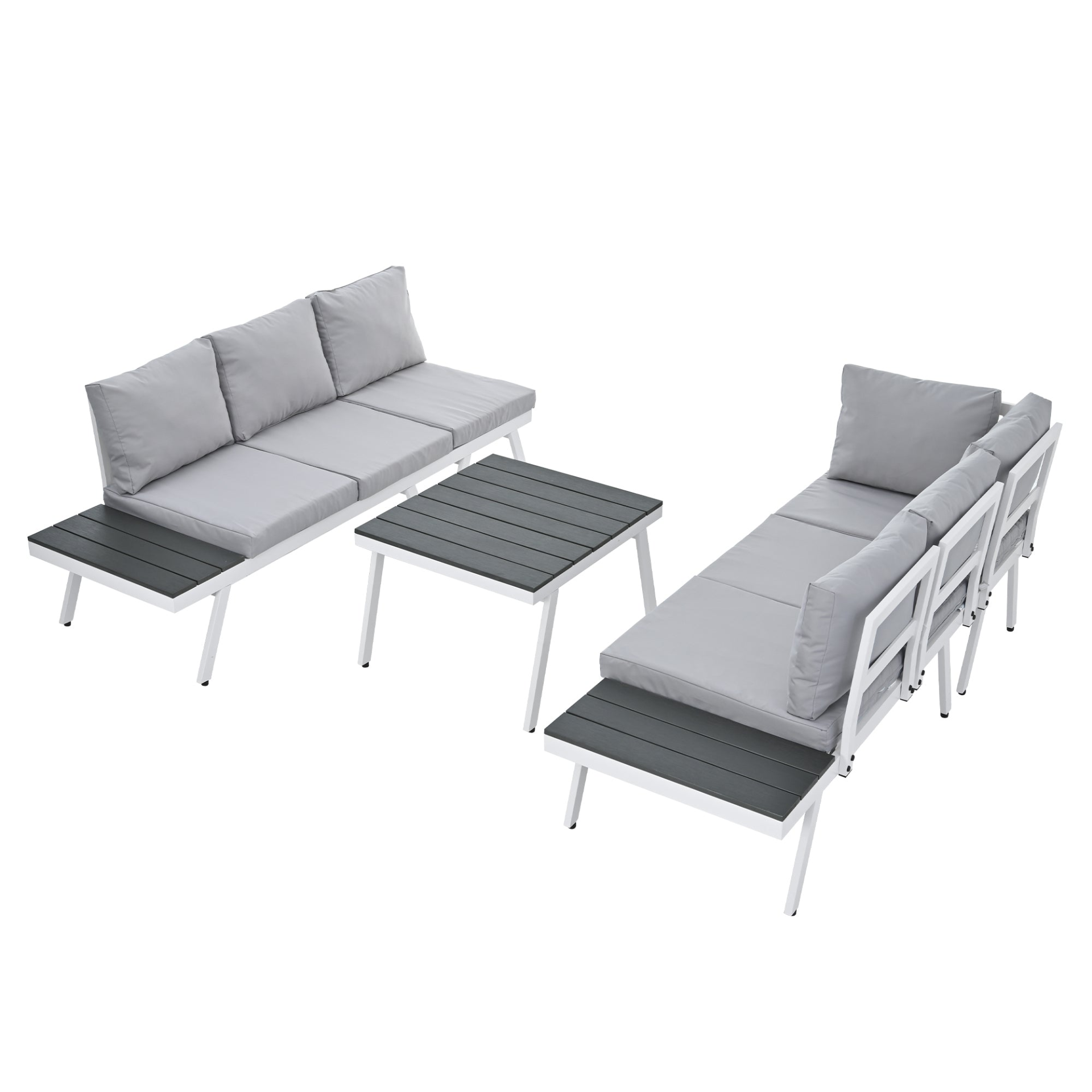 Patio Furntiure Sets | Industrial 5-Piece Aluminum Outdoor Patio Furniture Set, Modern Garden Sectional Sofa Set with End Tables, Coffee Table and Furniture Clips for Backyard, White+Grey | casafoyer.myshopify.com