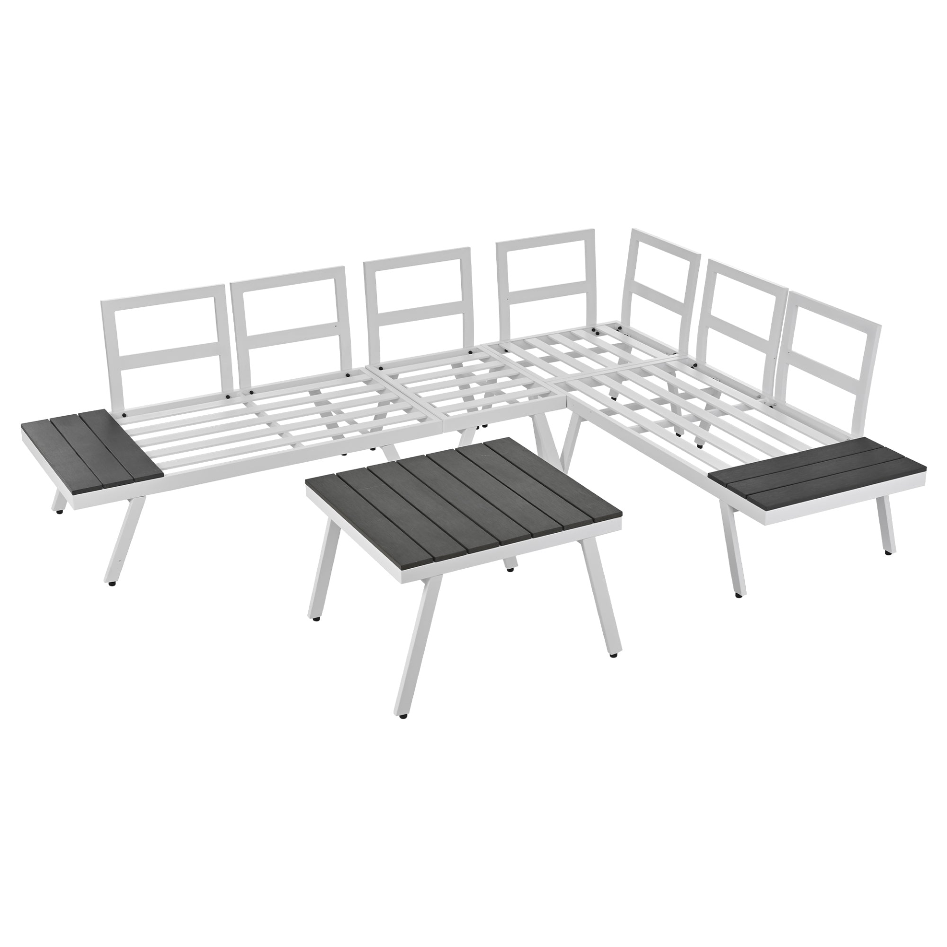 Patio Furntiure Sets | Industrial 5-Piece Aluminum Outdoor Patio Furniture Set, Modern Garden Sectional Sofa Set with End Tables, Coffee Table and Furniture Clips for Backyard, White+Grey | casafoyer.myshopify.com